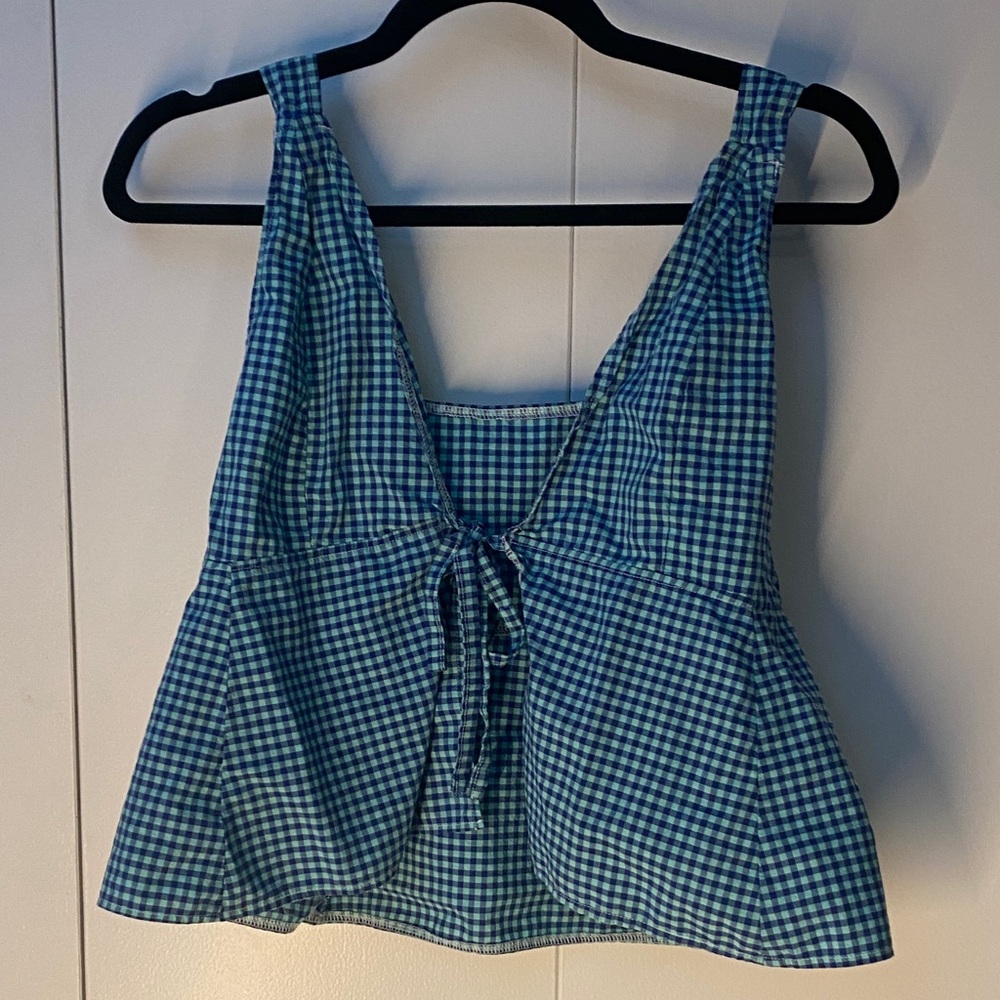 3/$20 Blue Gingham Tie-Front Women's Tank Top